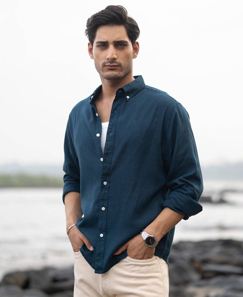 Dark Teal Linen Blend Shirt Buy @ ₹1199