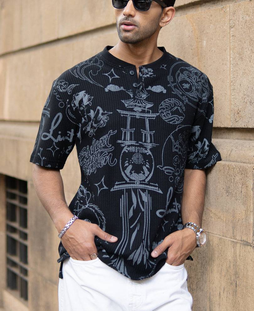 Black Japanese Print Henley T-Shirt Buy @ ₹499