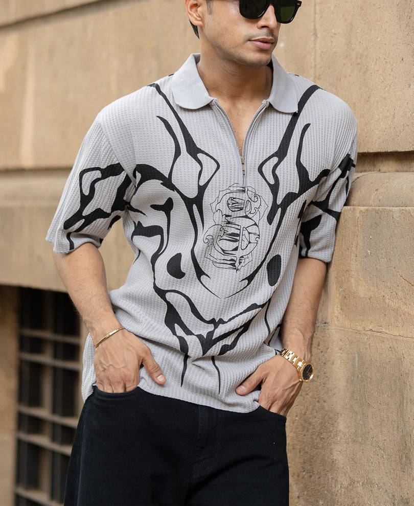 Grey Structured Print Polo T-Shirt Buy @ ₹999