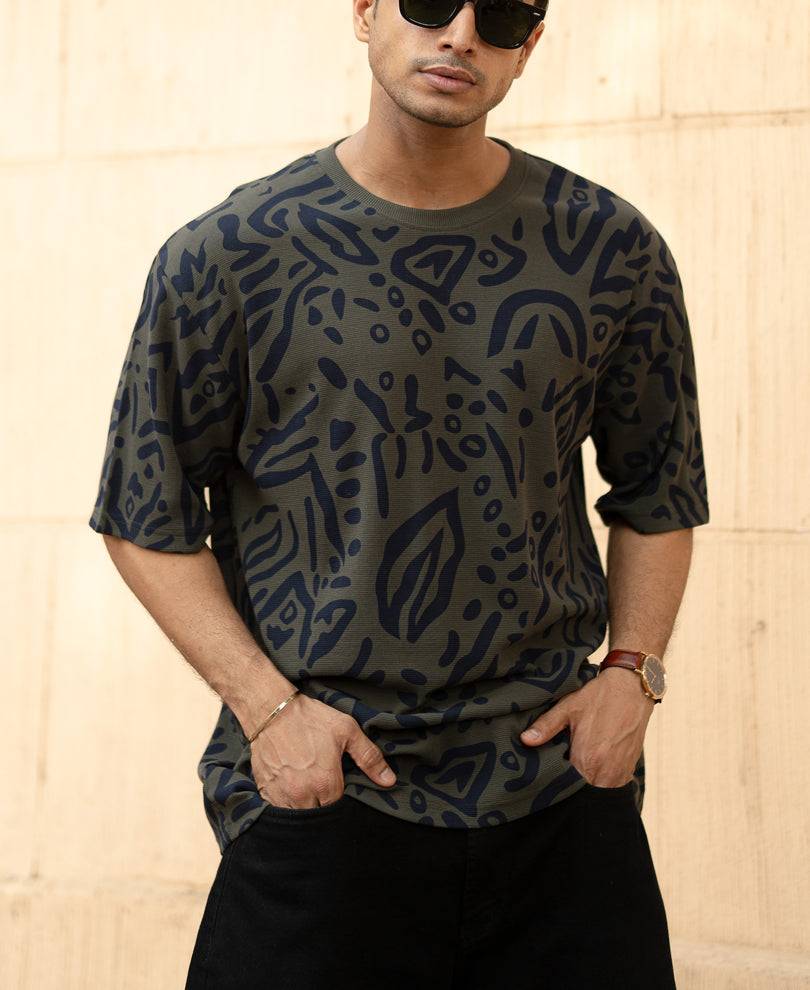 Olive Abstract Leaf Printed T-Shirt Buy @ ₹799