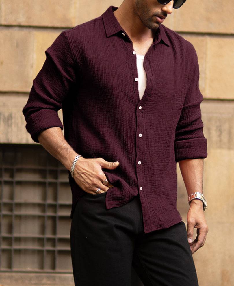 Wine Crinkled Shirt Buy @ ₹1199