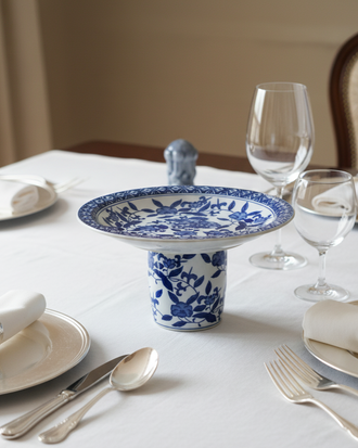 Royal Blue Floral Pedestal Bowl - Small