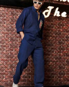 Navy Blue Linen Blend Casual Relaxed Fit Mandarin Collar Shirt & All Day Pants Co-Ord Set