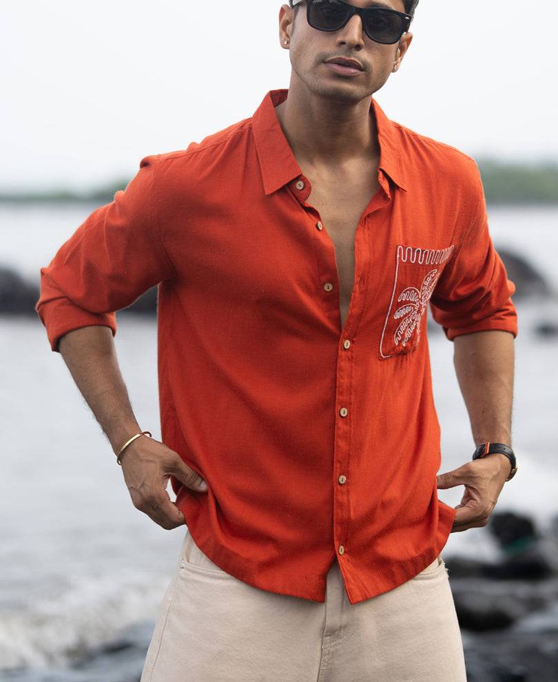 Spicy Orange Linen Blend Embroidery Shirt Buy @ ₹1199