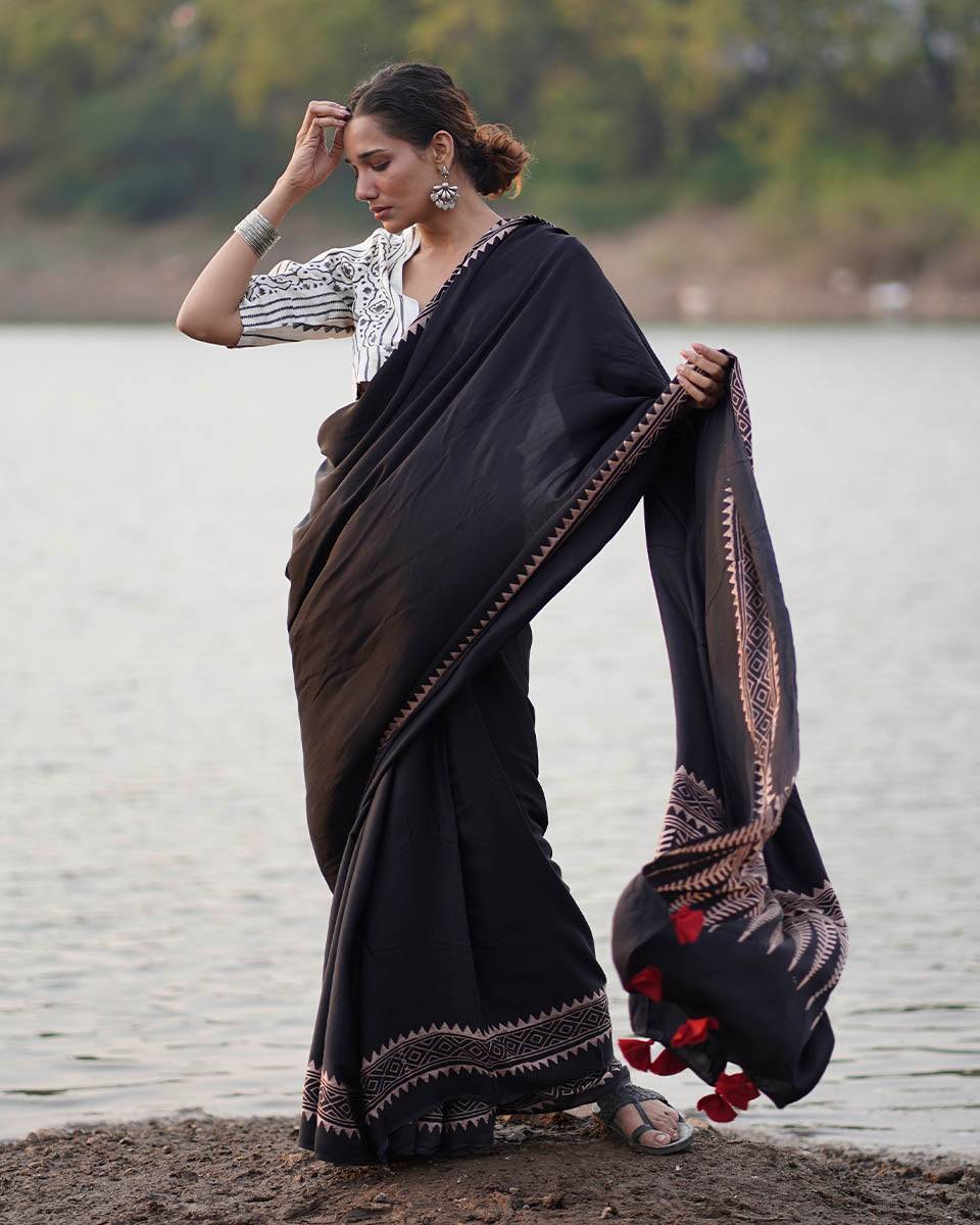 Mansi Black Block printed Modal Silk Saree - Jaisal