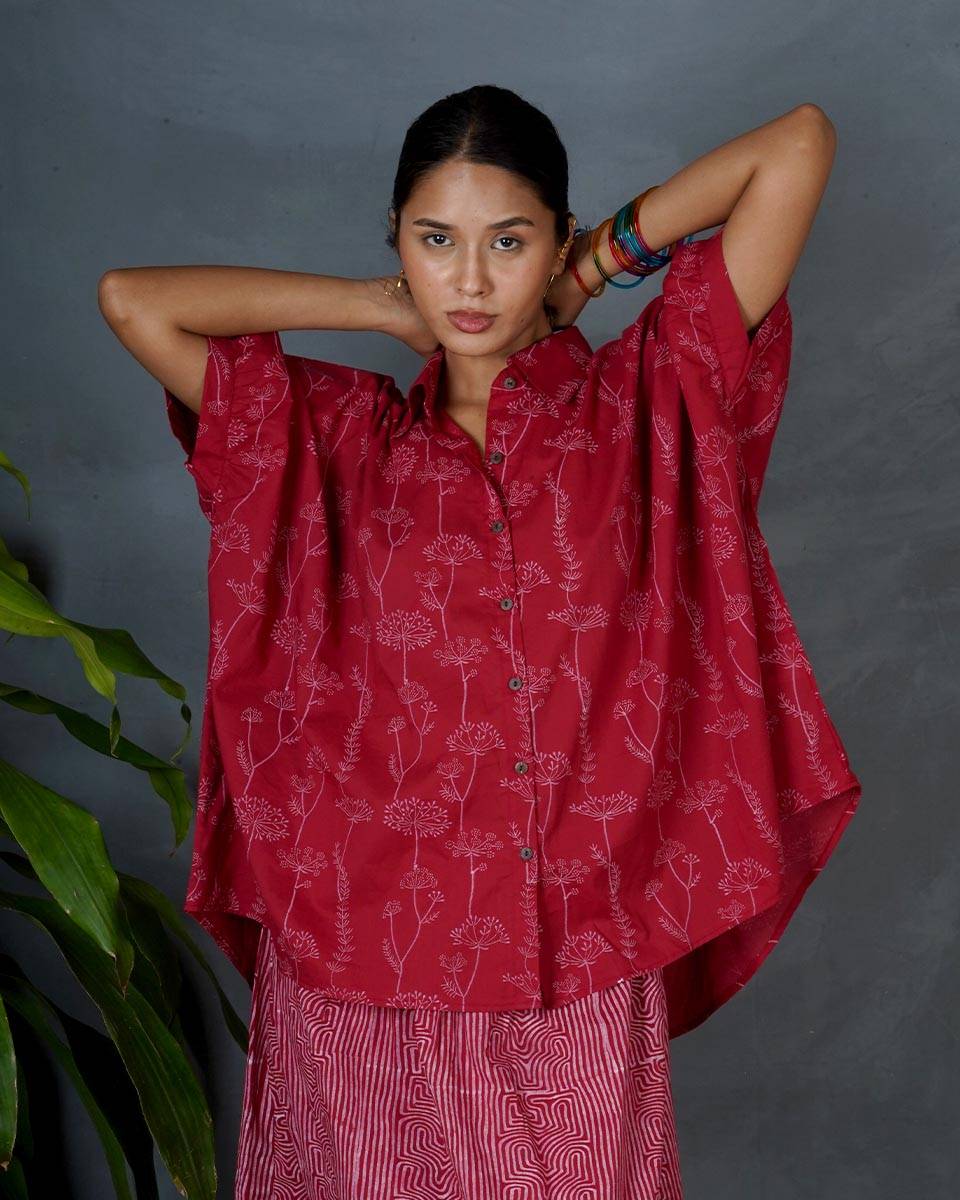 Myra Red Hand Block Printed Top-MYA
