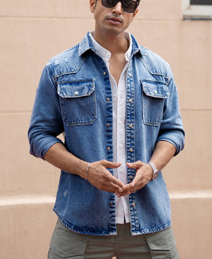 Mid Blue Distressed Denim Overshirt Buy @ ₹1599