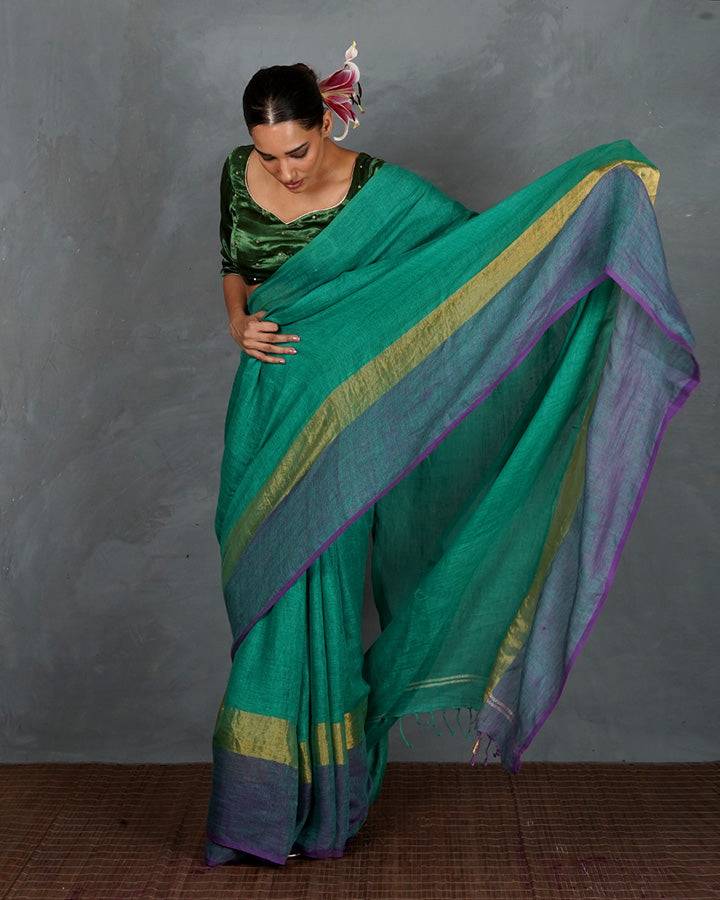 Shimmer On Green Handwoven Linen Saree - TARA