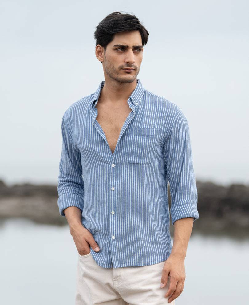 Blue Linen Blend Stripe Shirt Buy @ ₹1199