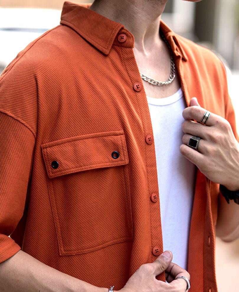 Orange Flap Pocket Knitted Shacket Oversize Drop Shoulder Shirt Buy @ ₹799