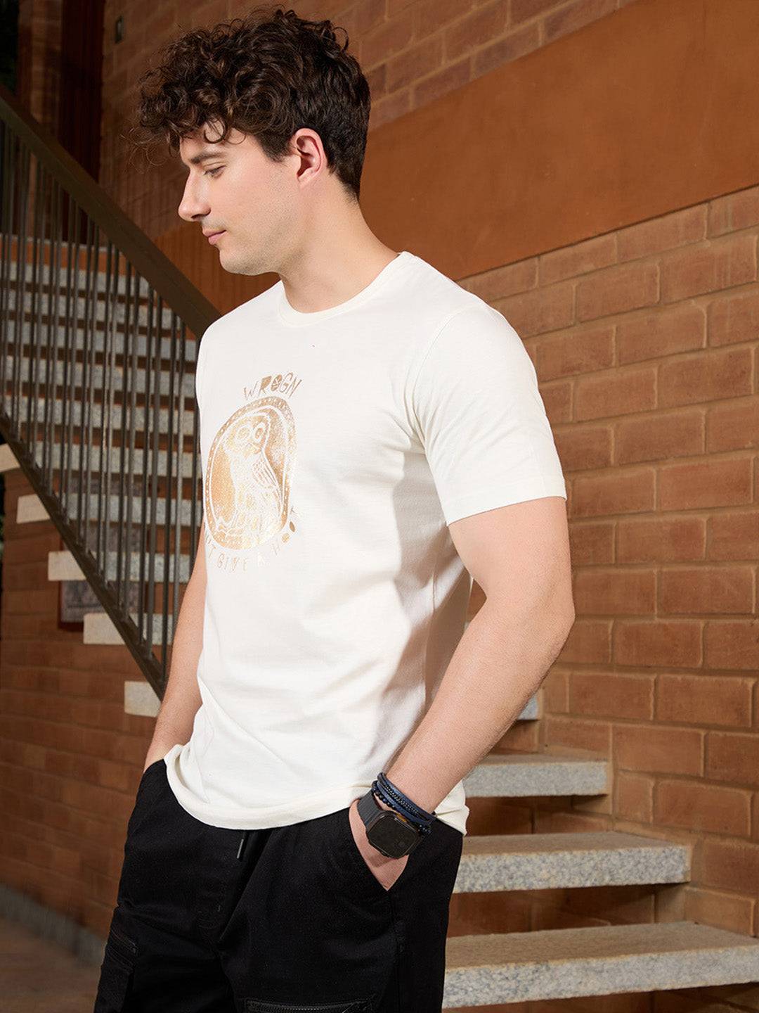 Foil Printed Slim Fit T-Shirt | Off White