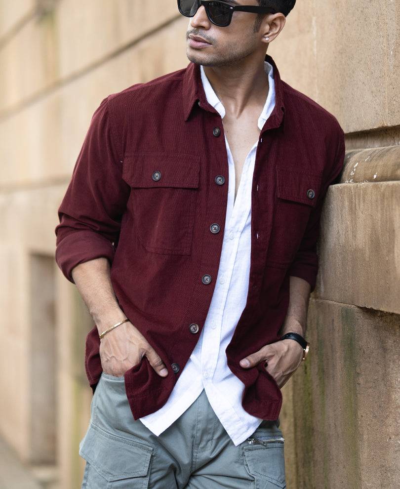 Wine Corduroy Shirt With Pockets Buy @ ₹1199