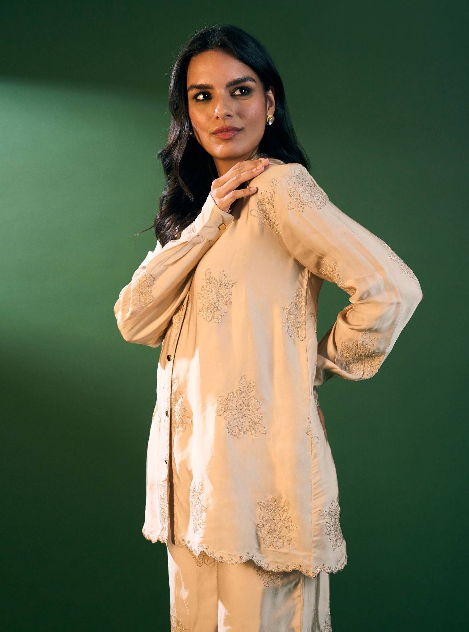 Mireille Cupro Satin Beige Shirt & Pant Set