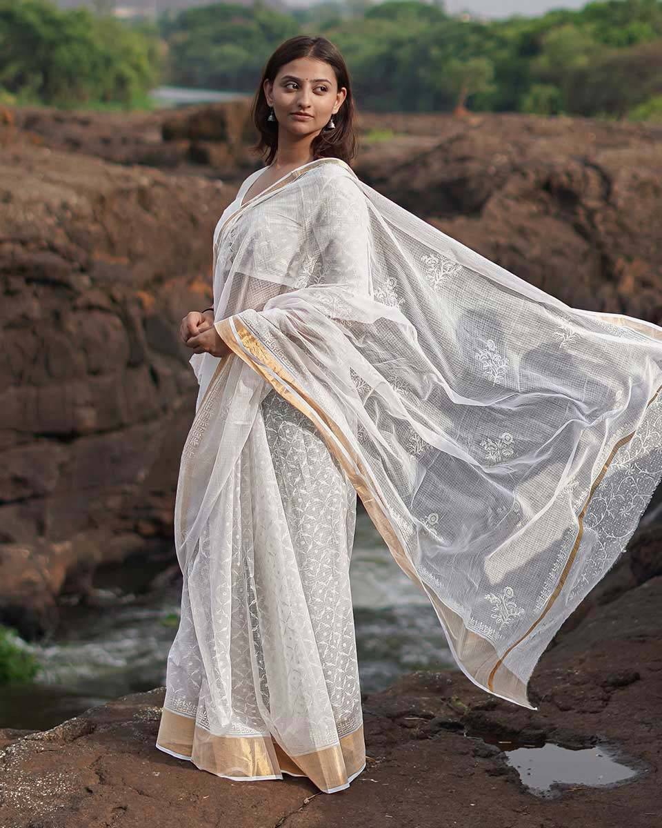 Birch Moon Kota Doria Ivory Block Printed Saree - SFD