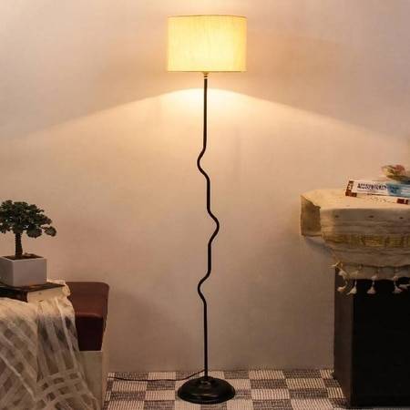 Olive Off White Fabric Floor Lamp with Black Iron Base