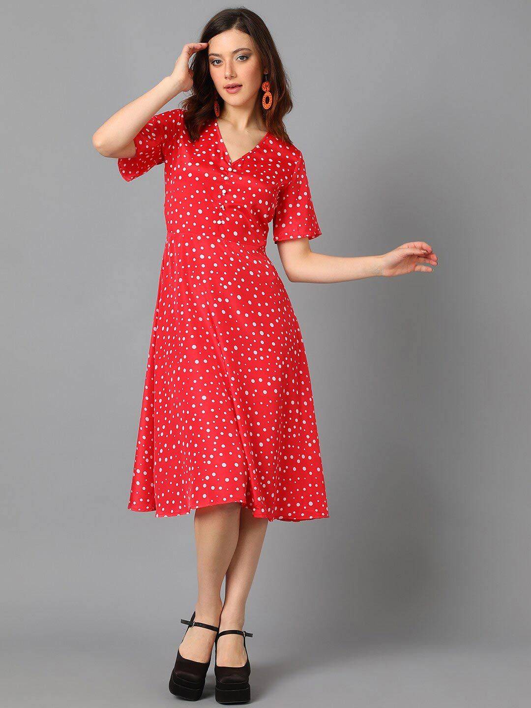 Kotty Red & White Abstract Printed A-Line Midi Dress