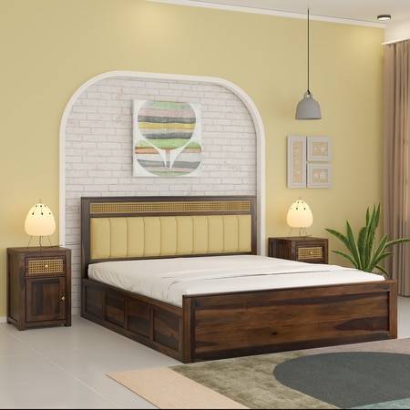 ShambhuSheesham Wood Queen Size Bed In Provincial Teak Finish With Hydraulic Storage (60 x 78 inches)