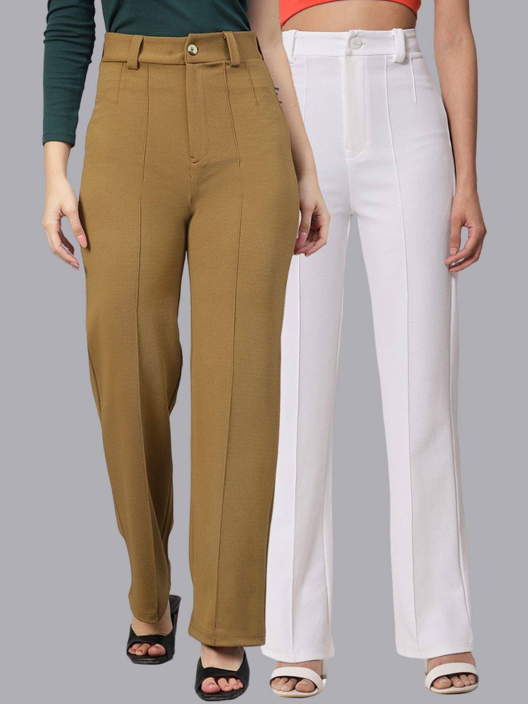 Kotty Women Pack Of 2 Relaxed Straight Leg Fit High-Rise Easy Wash Trousers
