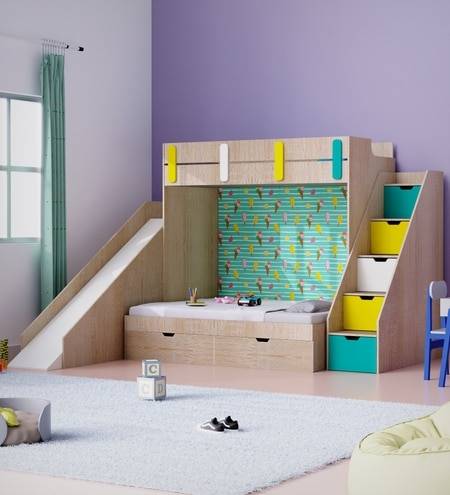 Sleep N SlideBunk Bed 6X5 Drawers On Wheels In Oak and Cyan Colour67