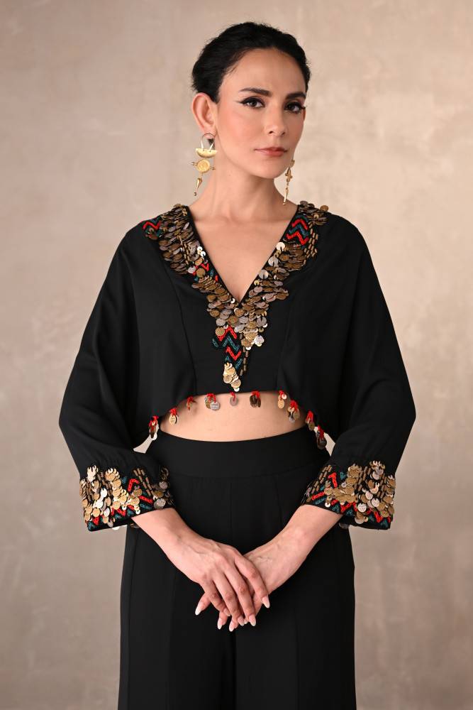 Black Georgette Embroidered Crop Top With Wide-Leg Trousers Buy at ₹16995