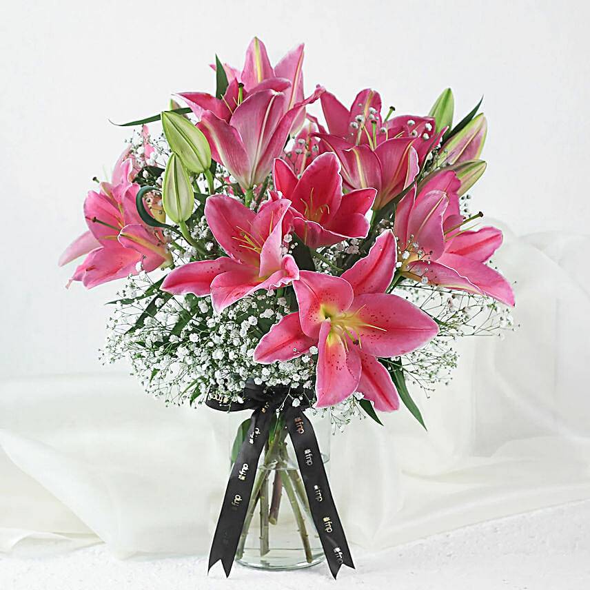 5 Pink Oriental Lilies in Glass Vase