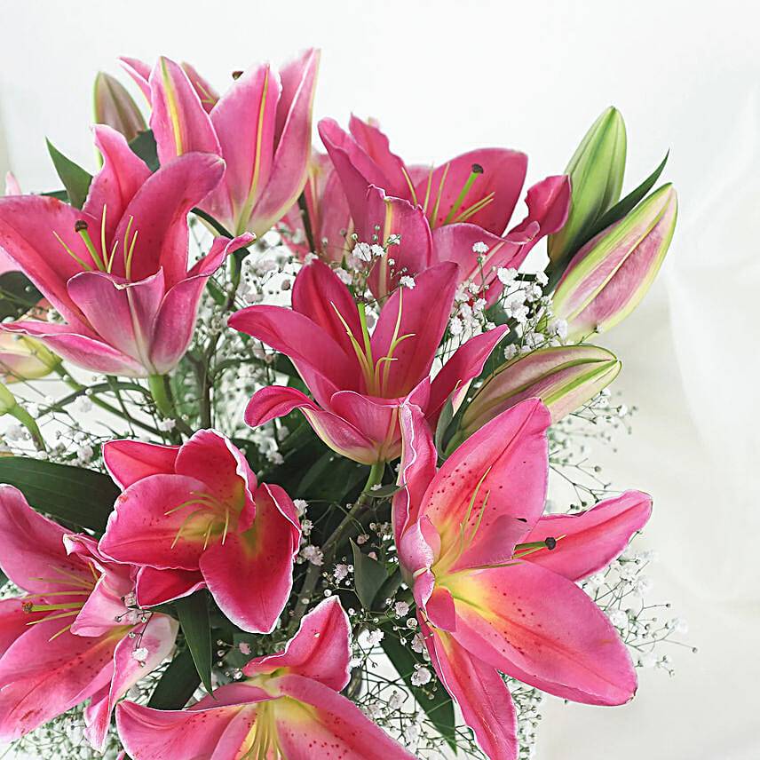 5 Pink Oriental Lilies in Glass Vase