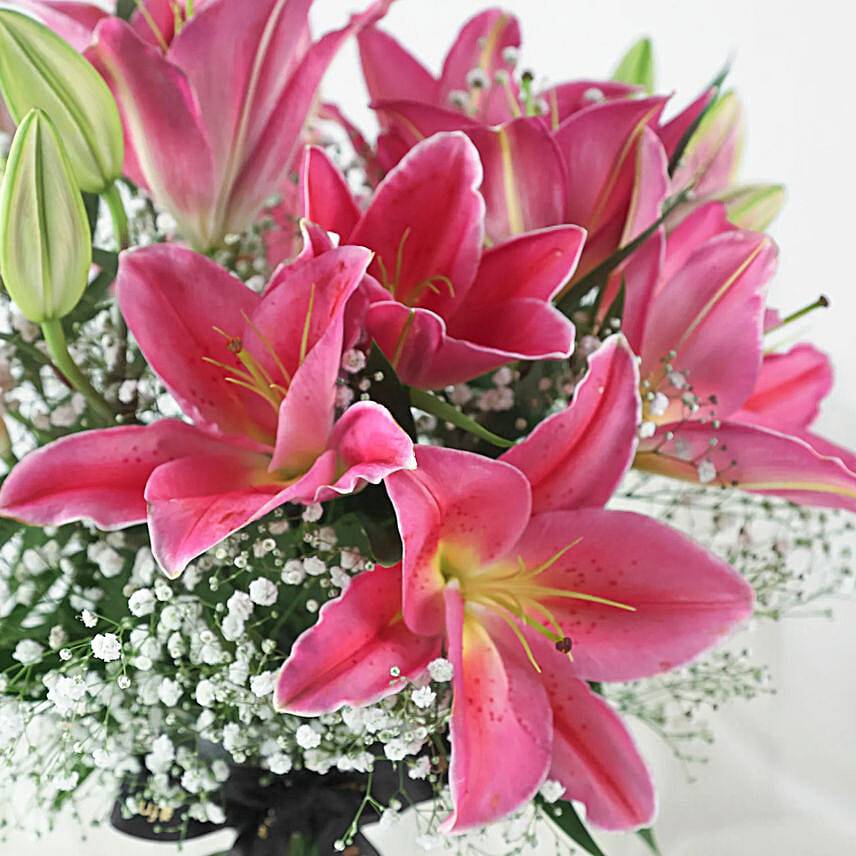 5 Pink Oriental Lilies in Glass Vase