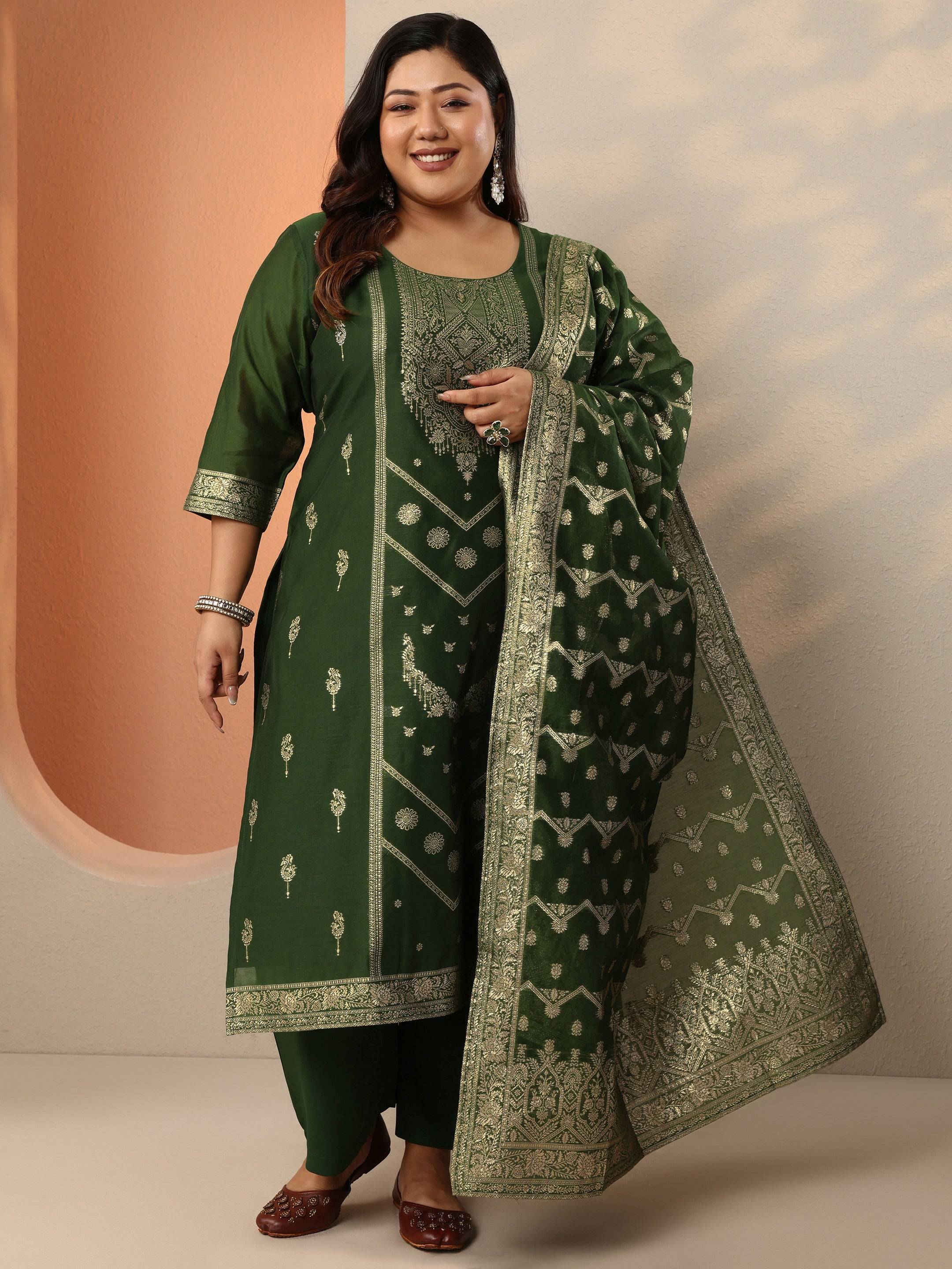 Plus Size Green Woven Design Silk Blend... Buy only at ₹5499