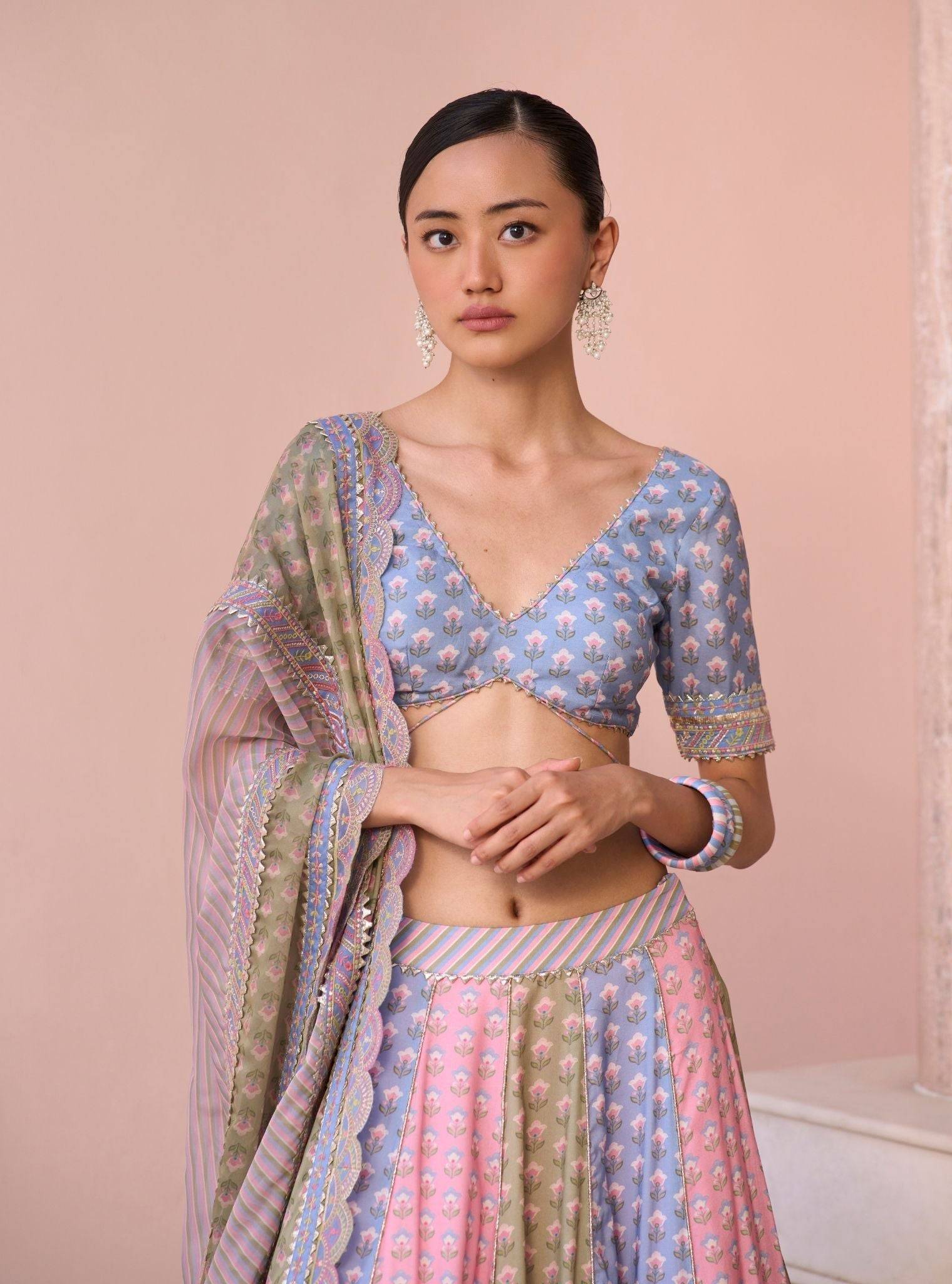 Indira Steel Blue Printed Lawn Lehenga Set