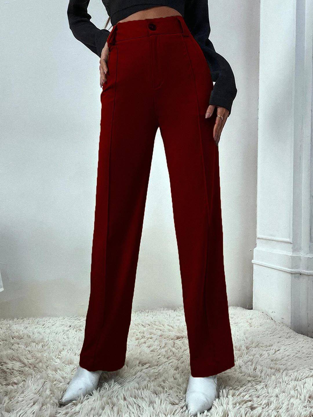 KOTTY BIZwear Women Relaxed Straight Fit High-Rise Easy Wash Pleated Parallel Trouser