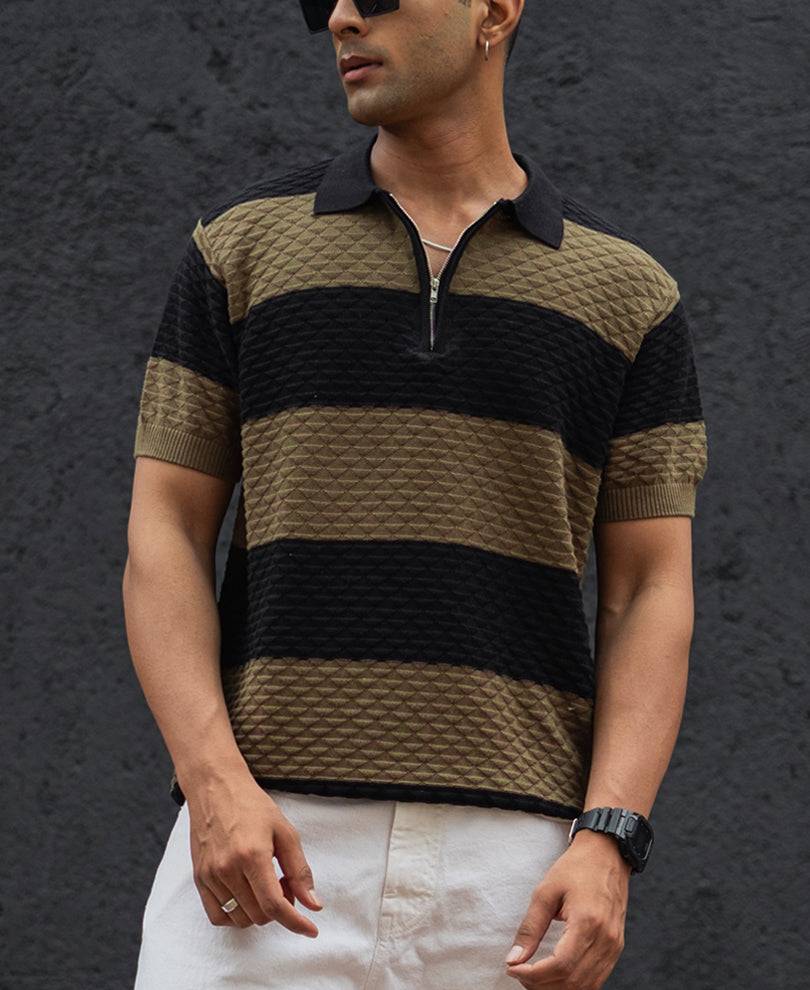 Olive Green and Black Structured Striped Regular Half Sleeves T Shirt Buy @ ₹799