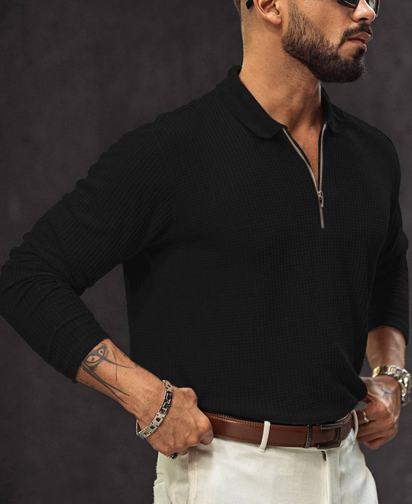 Black Regular Fit Full Sleeves Collar Neck T-Shirt With Chain Buy @ ₹999