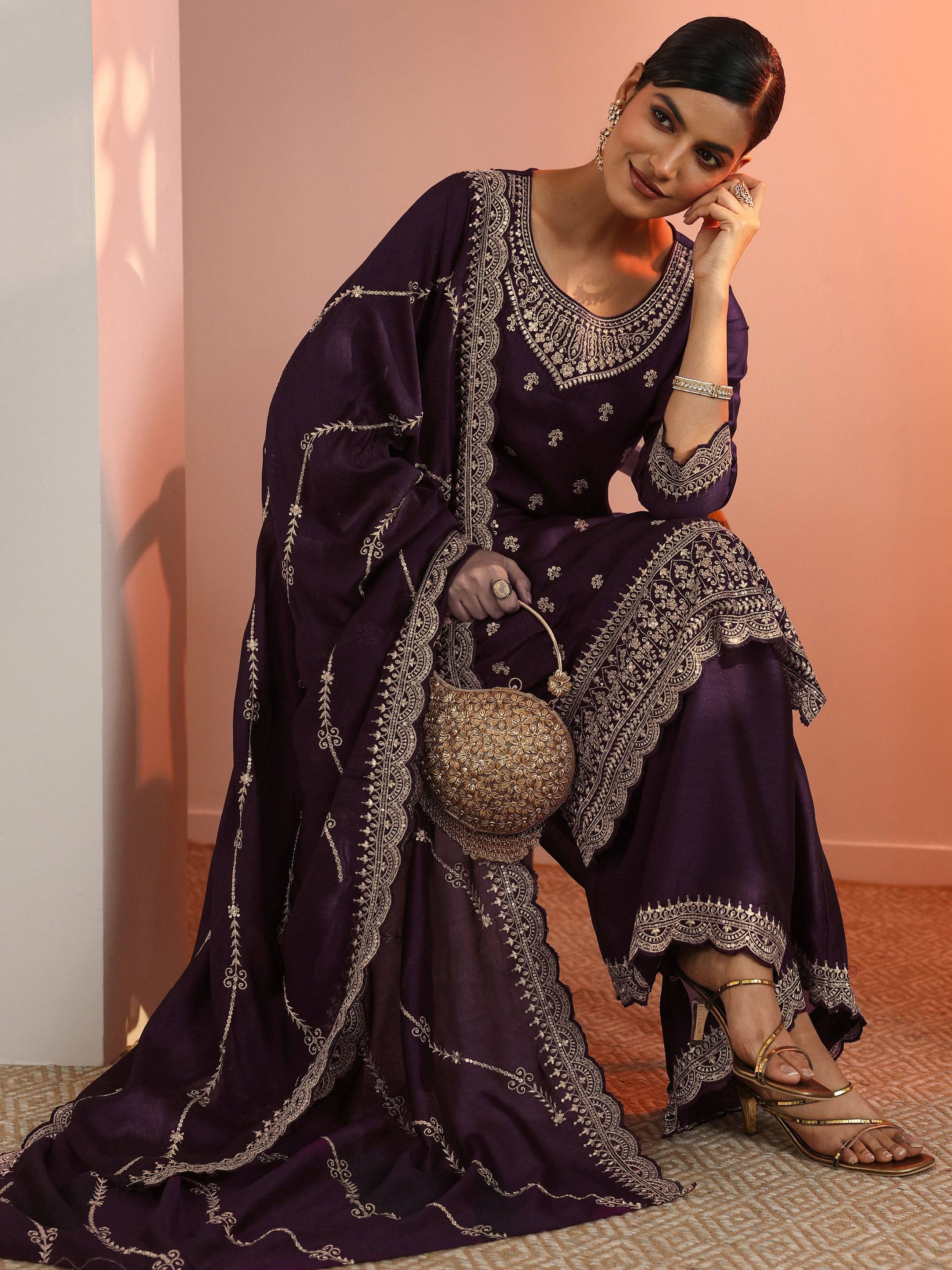 Purple Embroidered Chinon Straight Suit... Buy only at ₹5699