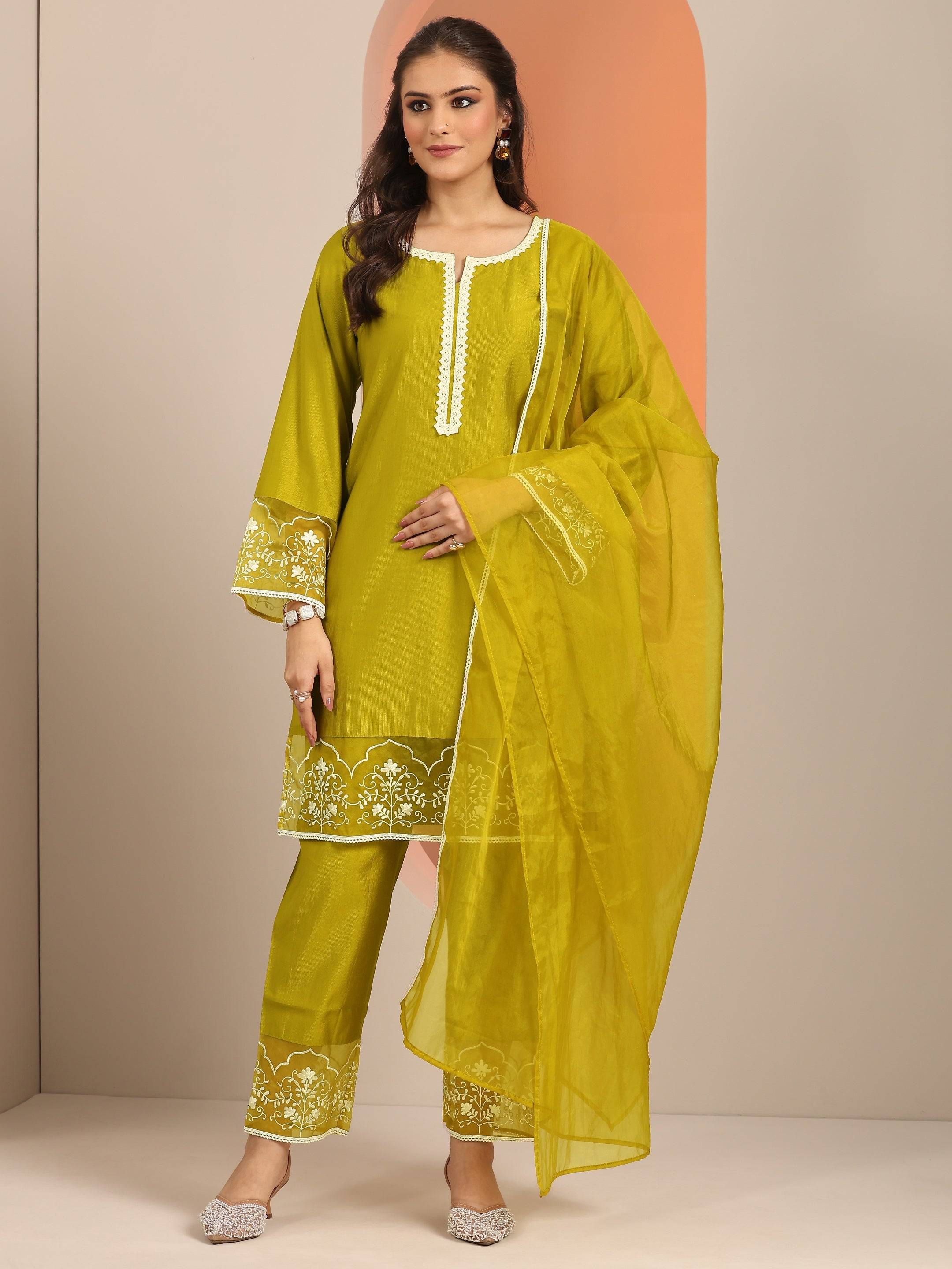 Green Embroidered Silk Blend Straight S... Buy only at ₹3999