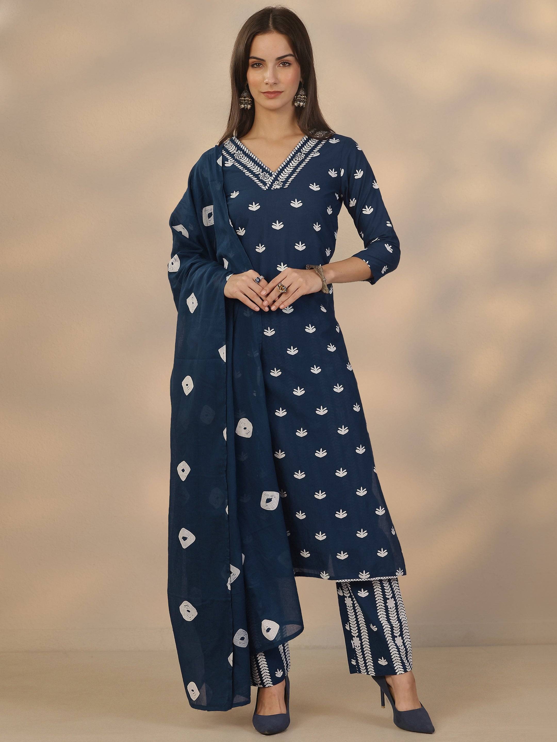 Blue Printed Cotton Straight Suit Set W... Buy only at ₹2699