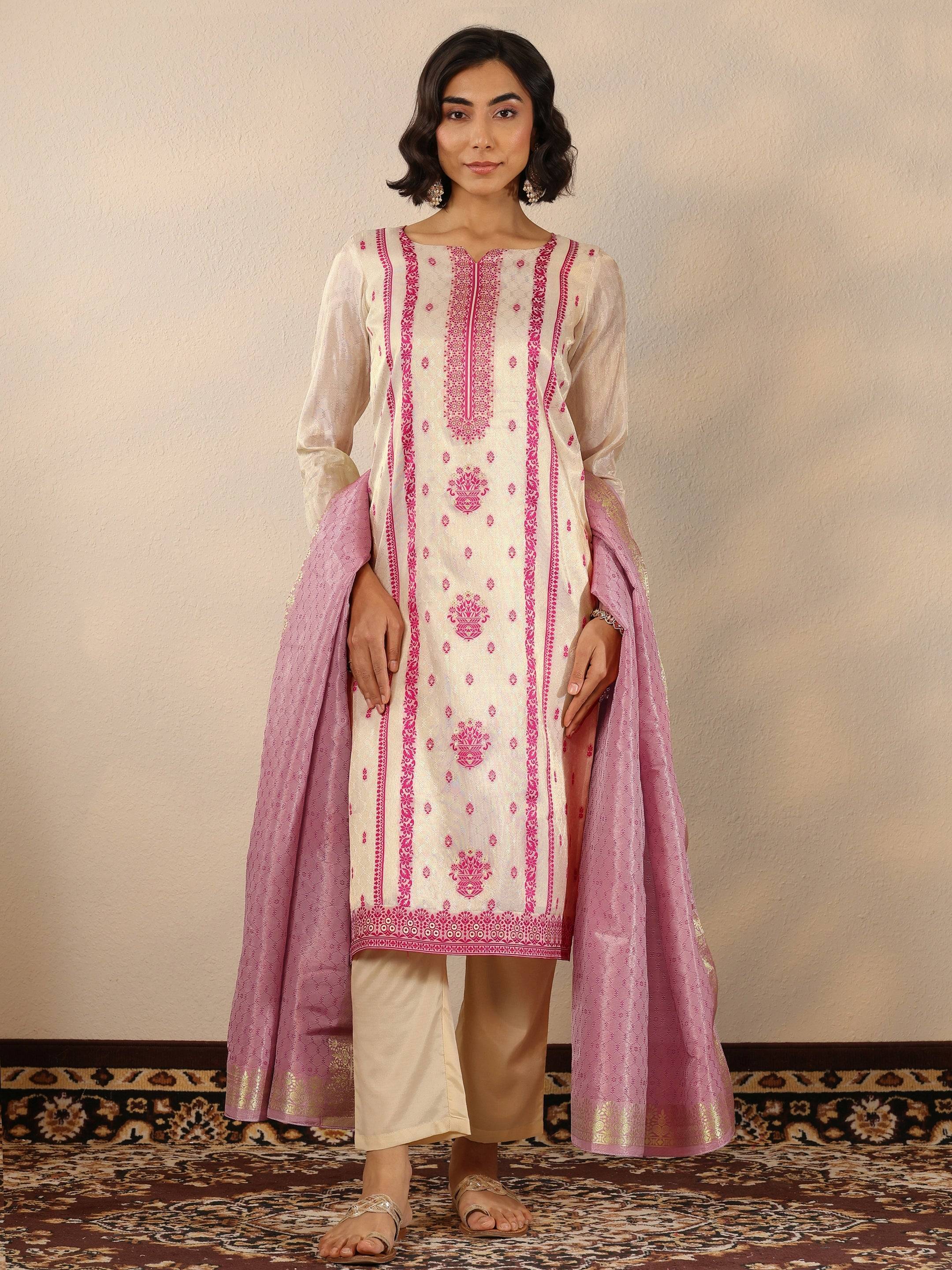 Off White Woven Design Silk Blend Strai... Buy only at ₹2699