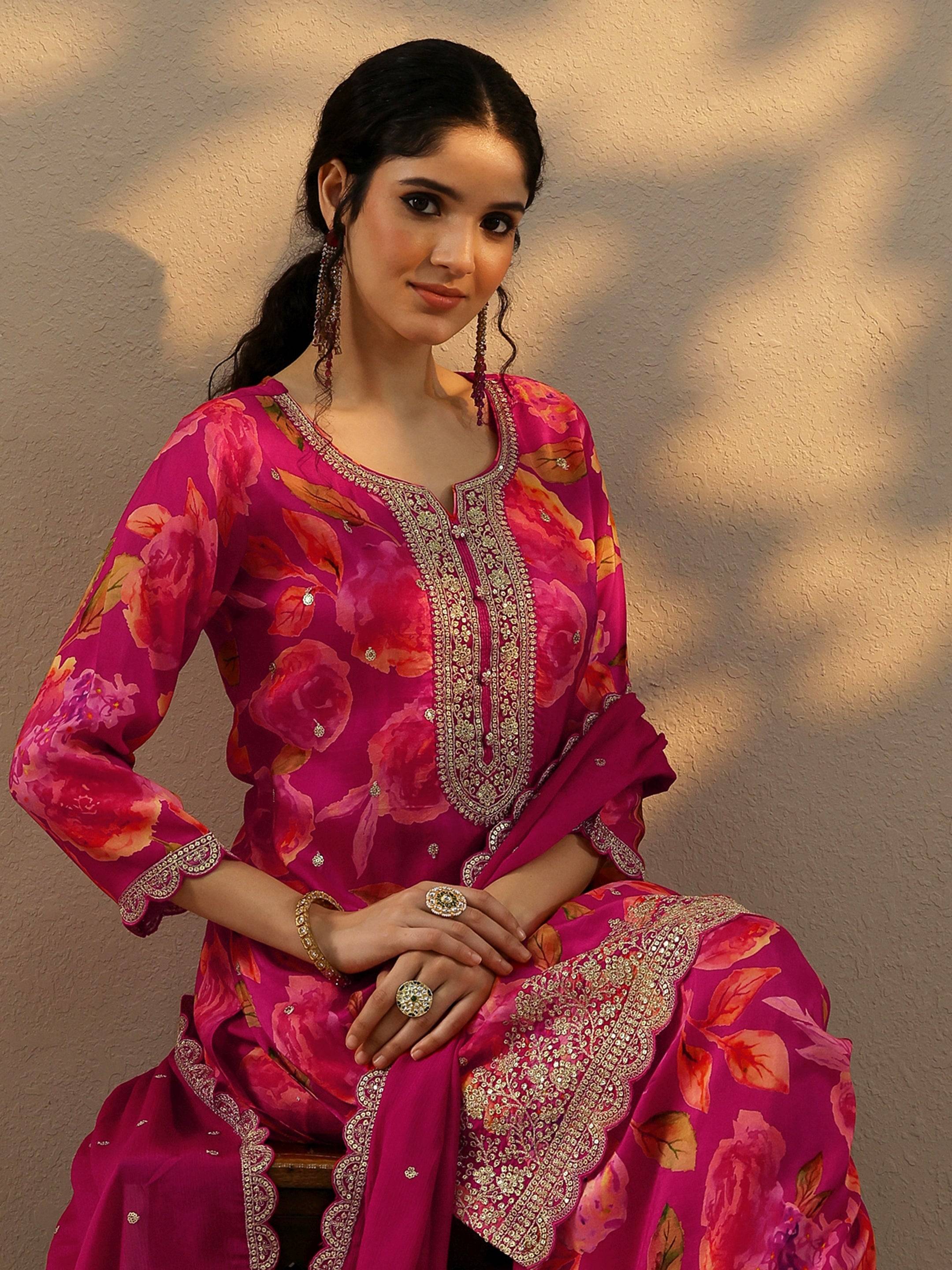 Magenta Printed Silk Blend Straight Sui... Buy only at ₹8999