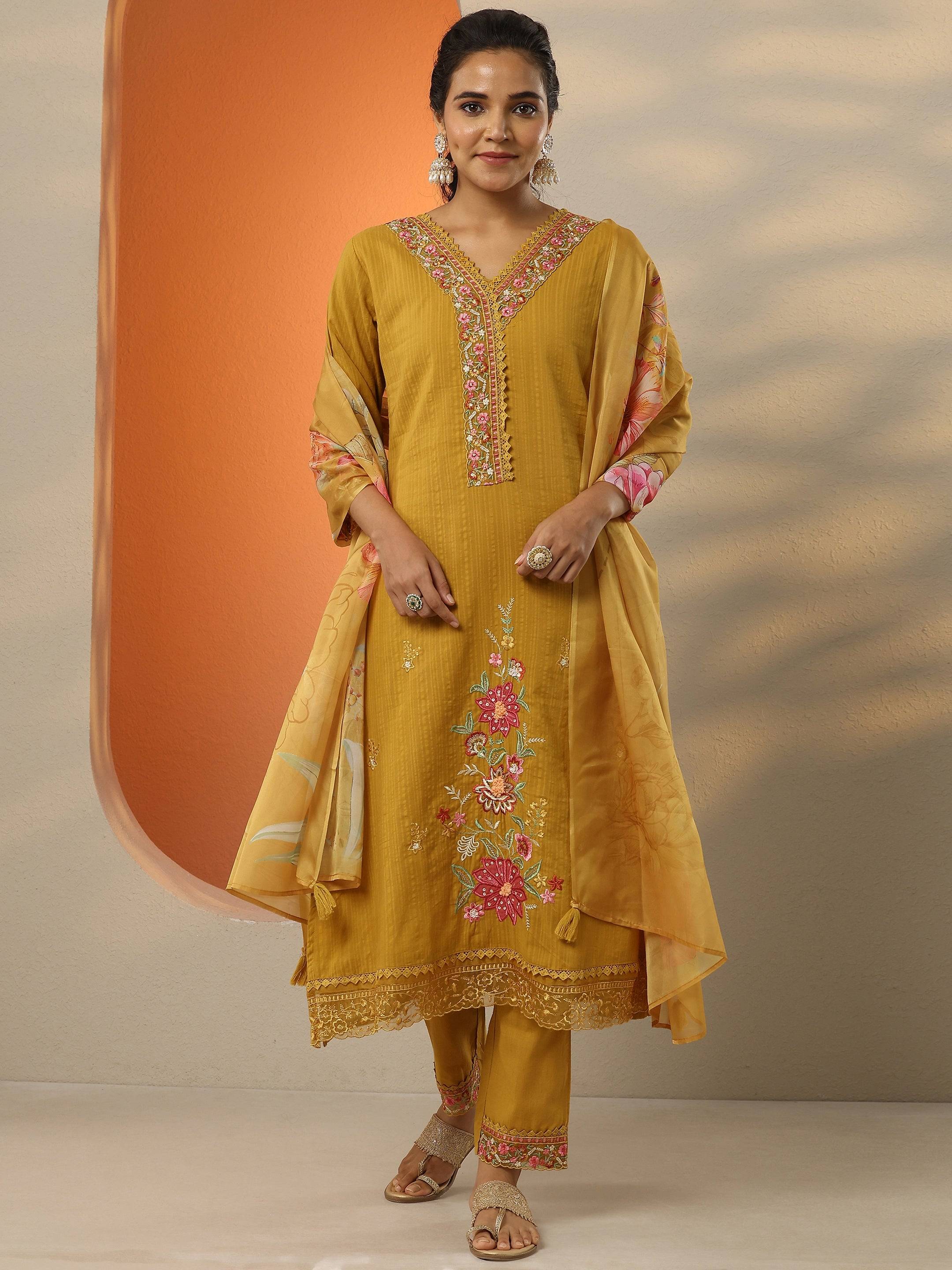 Mustard Embroidered Cotton Straight Sui... Buy only at ₹5999