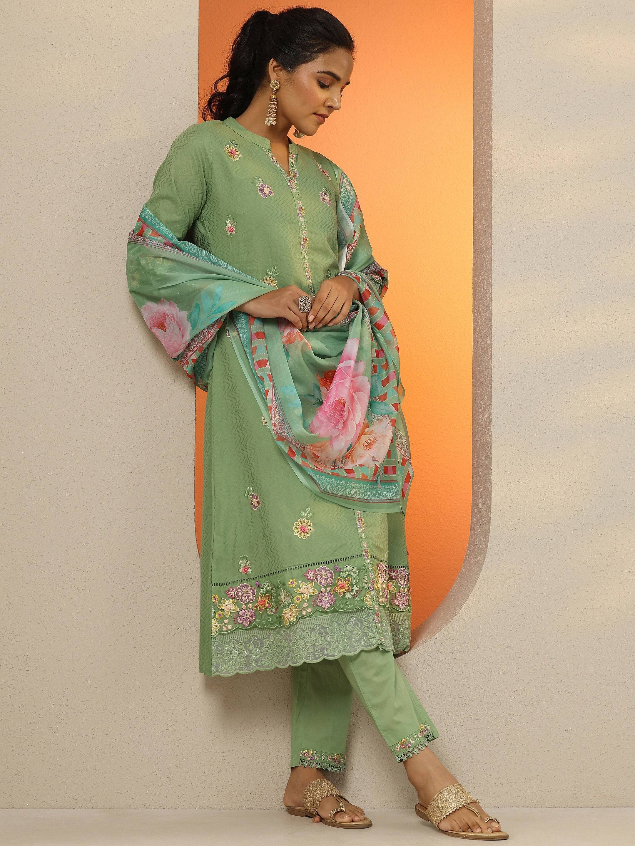 Green Embroidered Cotton Straight Suit ... Buy only at ₹5999