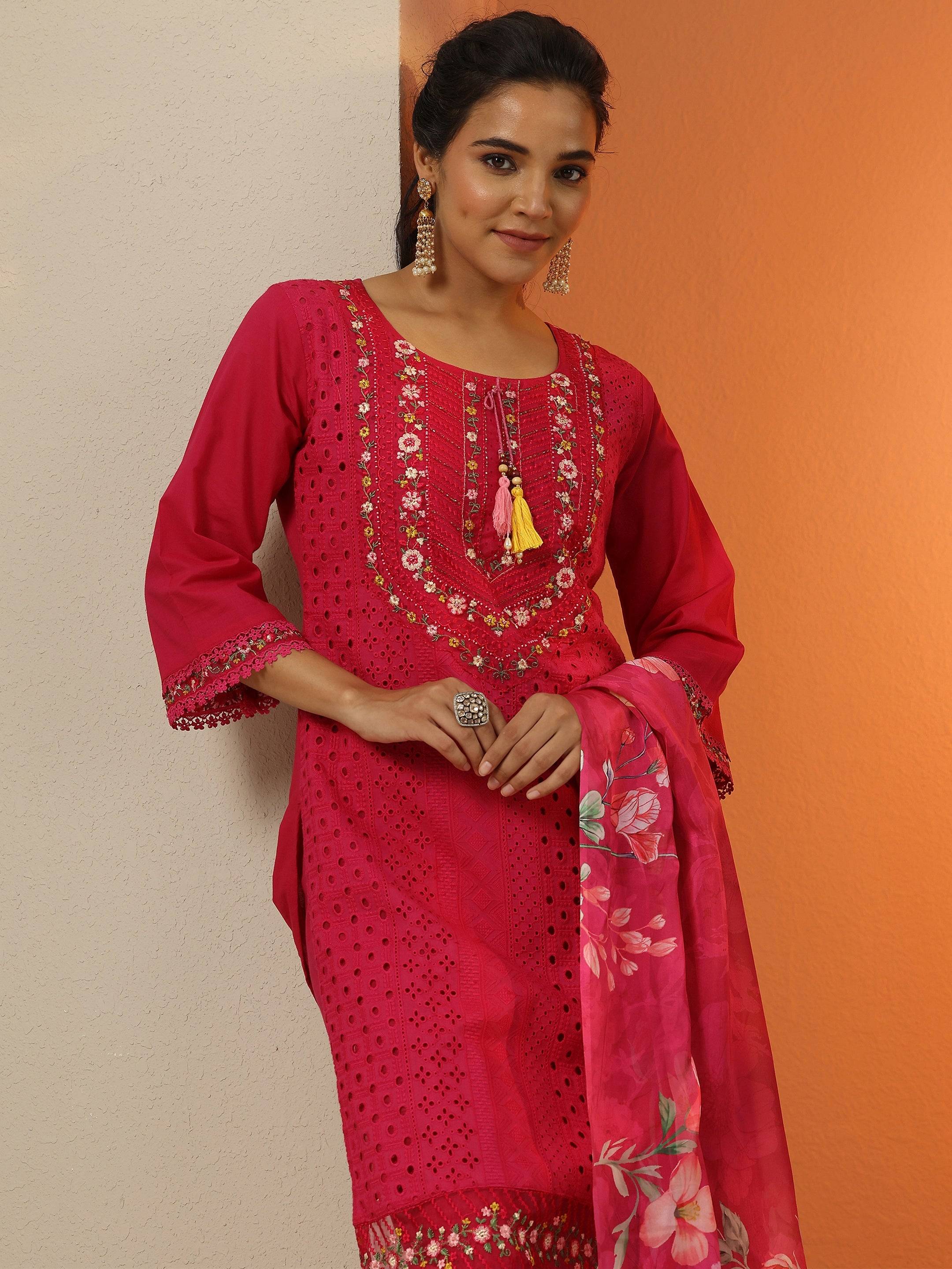 Magenta Embroidered Cotton Straight Sui... Buy only at ₹5999