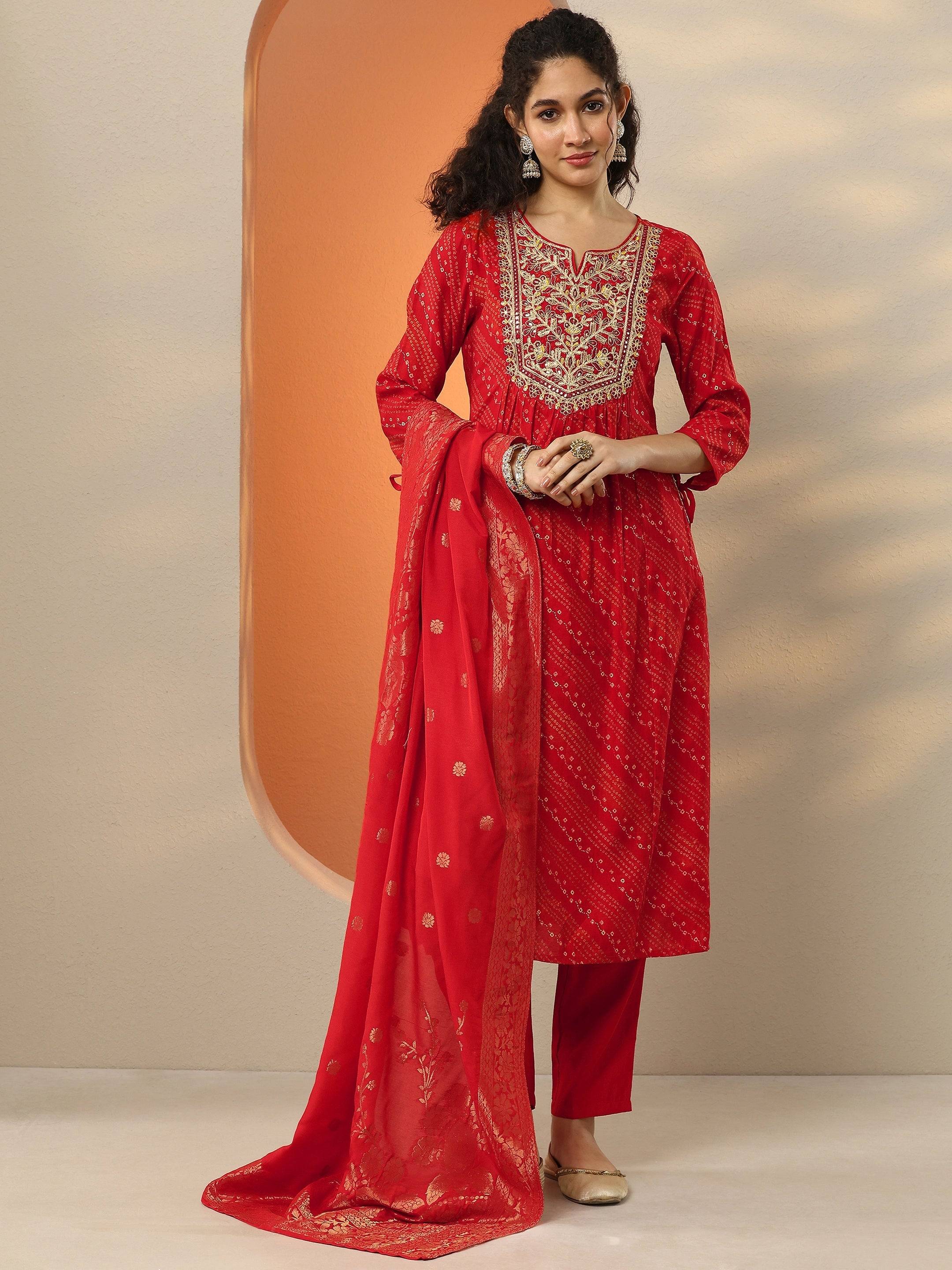 Red Printed Silk Blend  A-Line Suit Set... Buy only at ₹5499