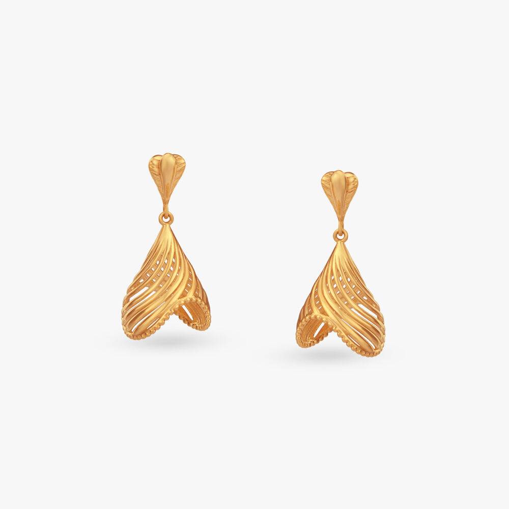 Rippled Elegance Gold Jhumka Earrings