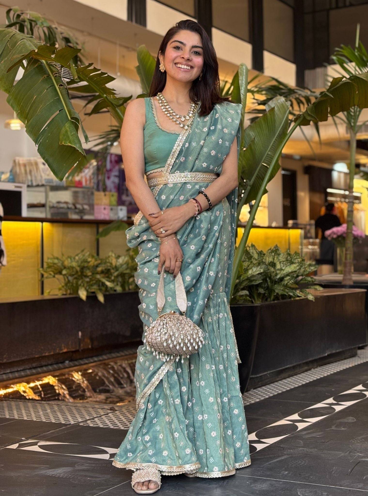 Salome Royal Tissue + Tissue Linen Satin Green Garara Saree