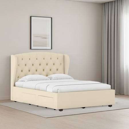 Holmebrook Engineered Wood Queen Size Drawer Storage Upholstered Bed Ivory White