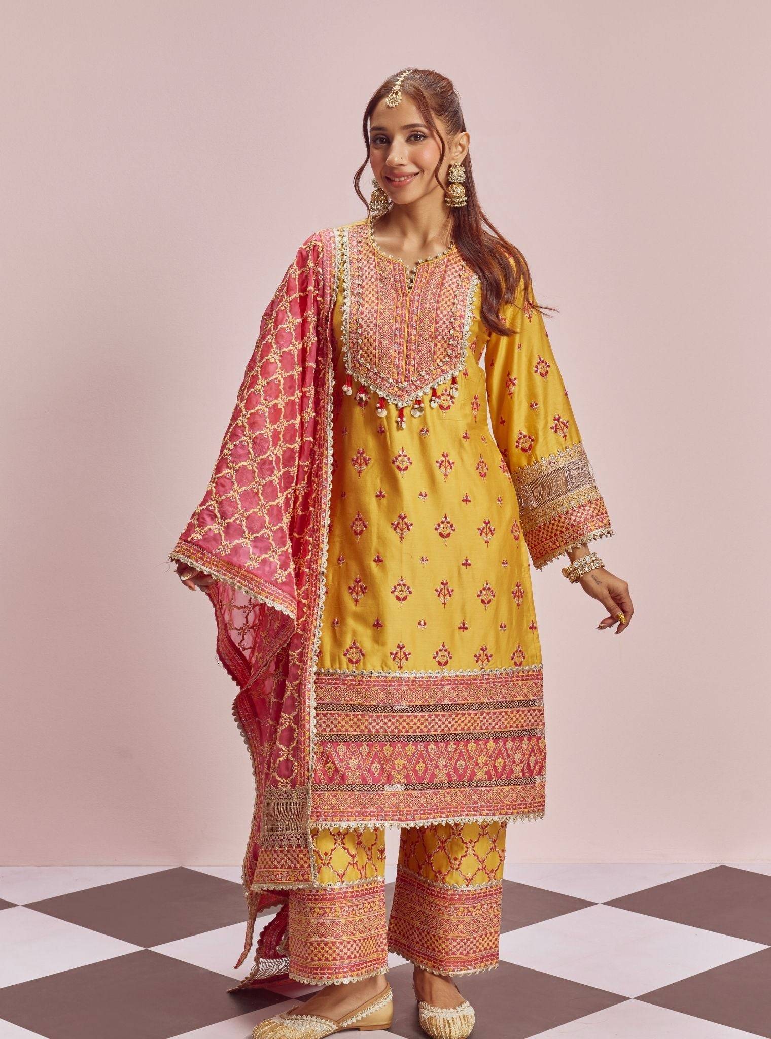 Shagun Pima Satin Yellow Kurta Set