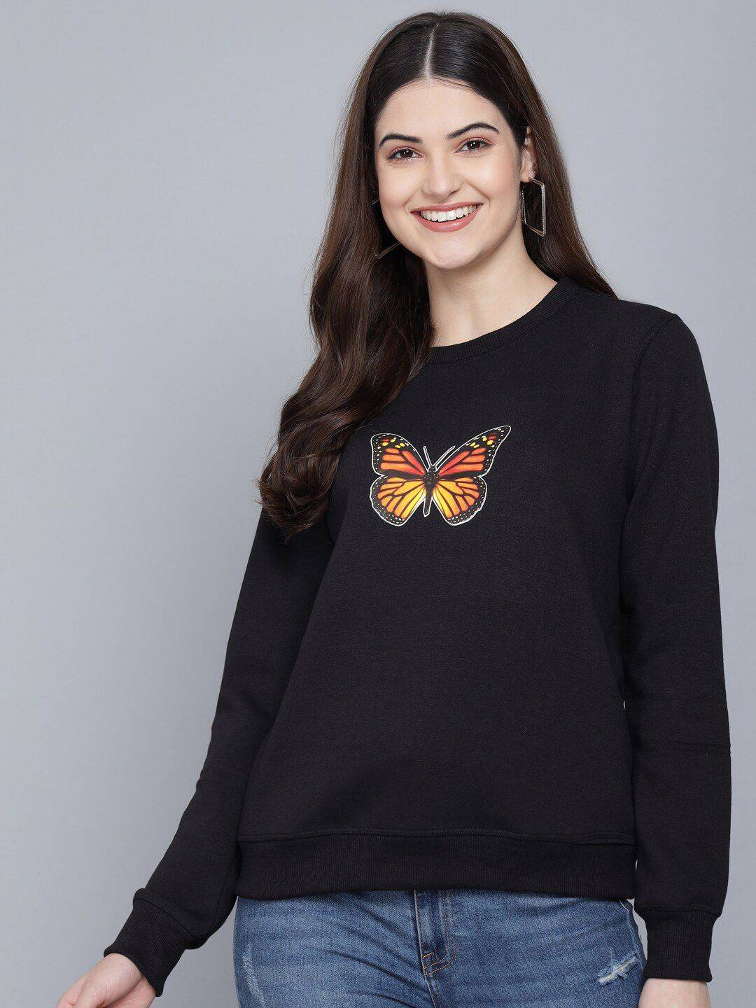 Kotty Women Black Printed Round Neck Sweatshirt