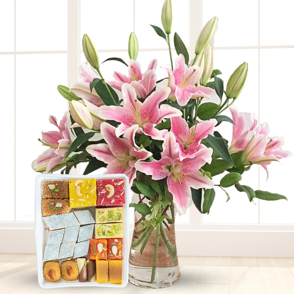 Pink Lilies in a Vase & Mixed Mithai