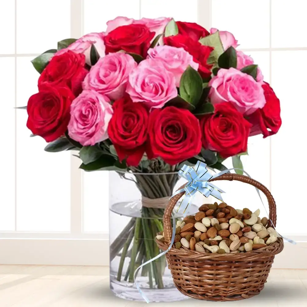 Roses in a Vase & Mixed Dry Fruits