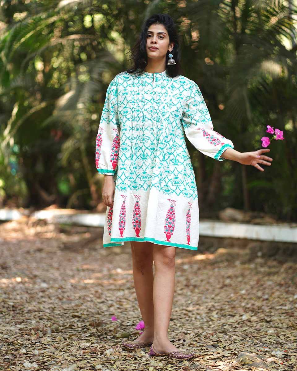 Petunia’s Poise Teal Green Block Printed Cotton Dress - MMG