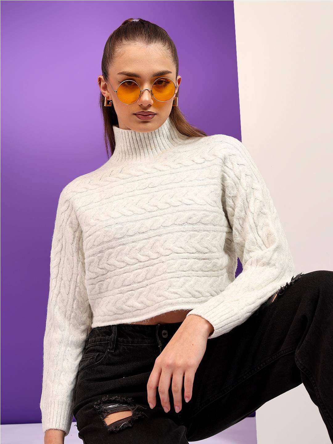 Kotty Women Cable Knit Self Design Cotton Crop Pullover
